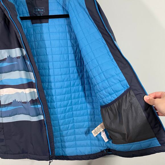 LL Bean Boy's Blue Graphics Full Zip Hooded Primaloft Winter Jacket Size L 14-16 - Picture 5 of 11